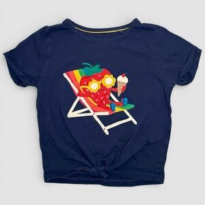 Mini Boden Girls Strawberry Graphic Tee Tie Front Top Navy Cotton 6-7Y